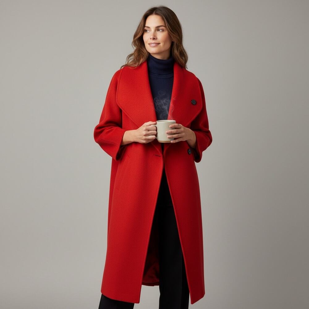 Merle Chicago Vintage 100% Wool Red Wrap Coat XL Women Draped Waterfall Collar - Picture 4 of 14